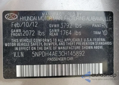 2012 Hyundai Elantra Gls from USA, damaged, VIN 5NPDH4AE3CH145892